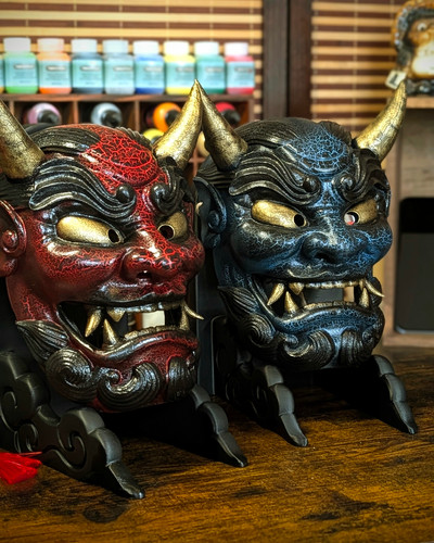 Red and blue Oni Gawara mask duo by Dai Yokai