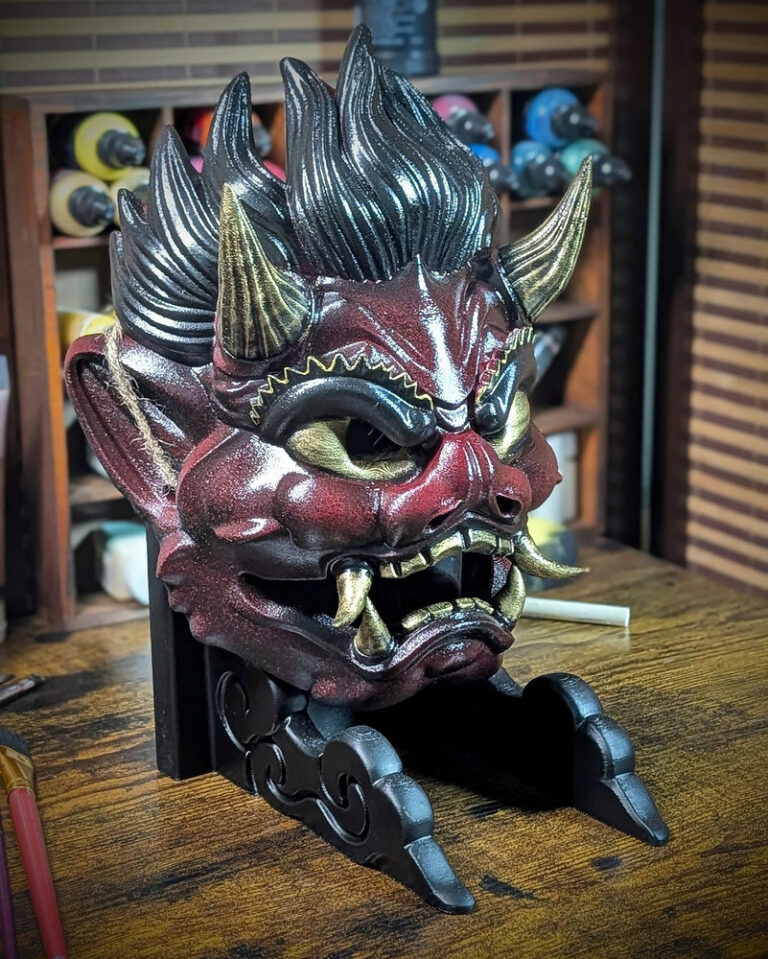Raijin : le dieu du tonnerre né de la mort (signification et masque), masque japonais fait main Dai Yokai en Bretagne