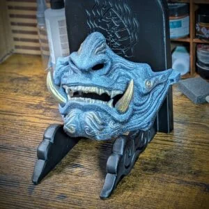 Demi-Masque Mempo Oni Bleu, demi-masque japonais fait main par Dai Yokai