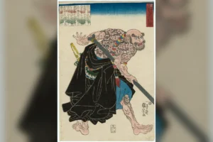 Estampe japonaise de Kuniyoshi montrant un héros tatoué du Suikoden, référence historique de l’irezumi