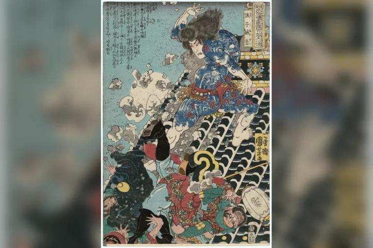 Estampe de Utagawa Kuniyoshi représentant Yan Qing, héros tatoué du Suikoden et référence historique de l’irezumi