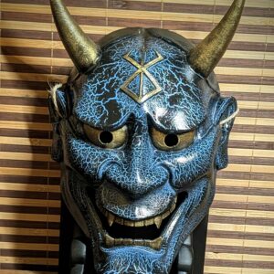 Masque Hannya Berserk Bleu Craquelé, masque japonais fait main par Dai Yokai