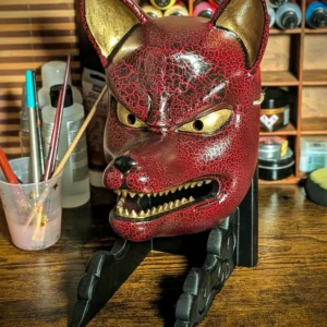 Masque Kitsune Craquelé Rouge & Or, masque japonais fait main par Dai Yokai