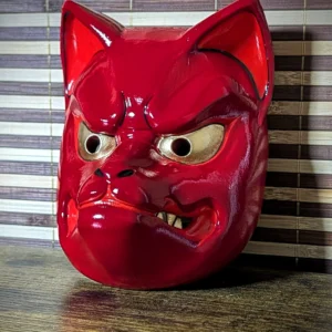 Masque Kitsune Rouge Traditionnel, masque japonais fait main par Dai Yokai