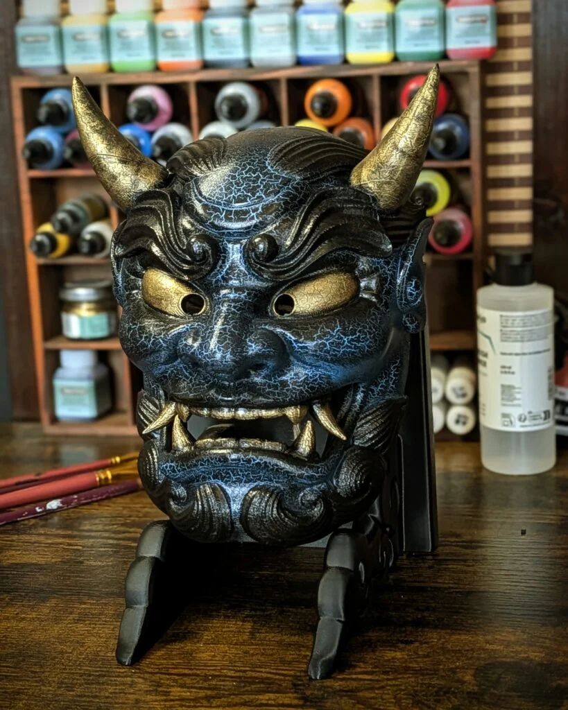 Antique Cracked Blue Oni Gawara Mask - The Guardian Who Has Traversed the Ages