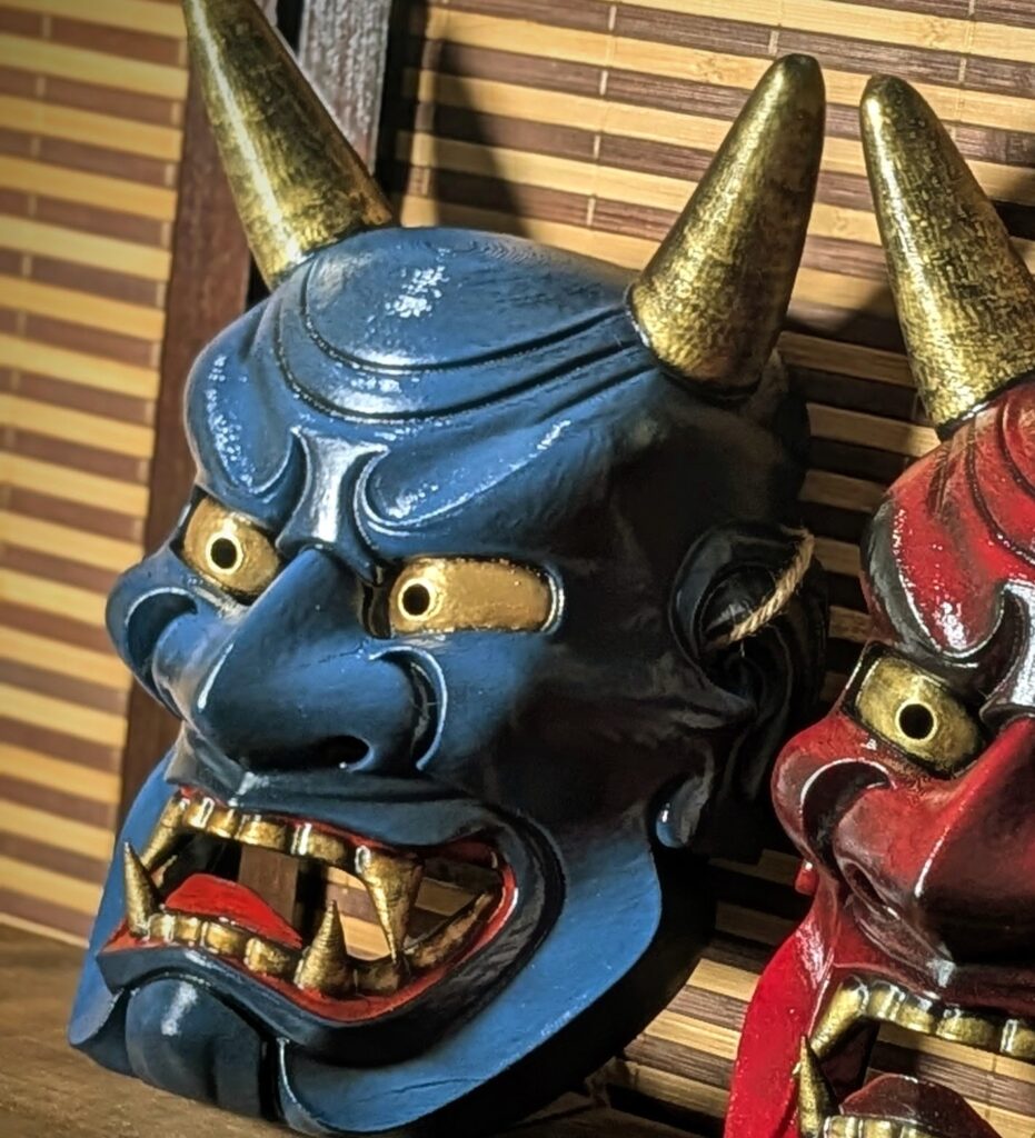 Masque Oni Ondeko bleu fait main, détails peinture, Dai Yokai