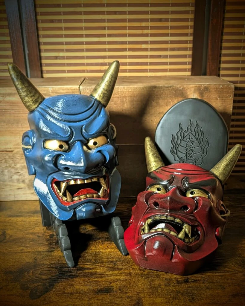 Oni Ondeko Duo Mask, Red and Blue, Hand-Painted