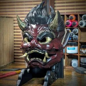 Masque Oni Raijin Rouge, masque japonais fait main par Dai Yokai