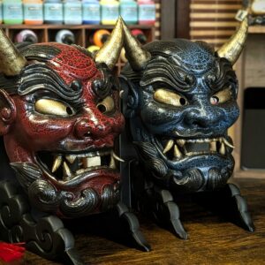 Pack Duo Oni Gawara Rouge & Bleu Craquelé, pack de masques japonais par Dai Yokai