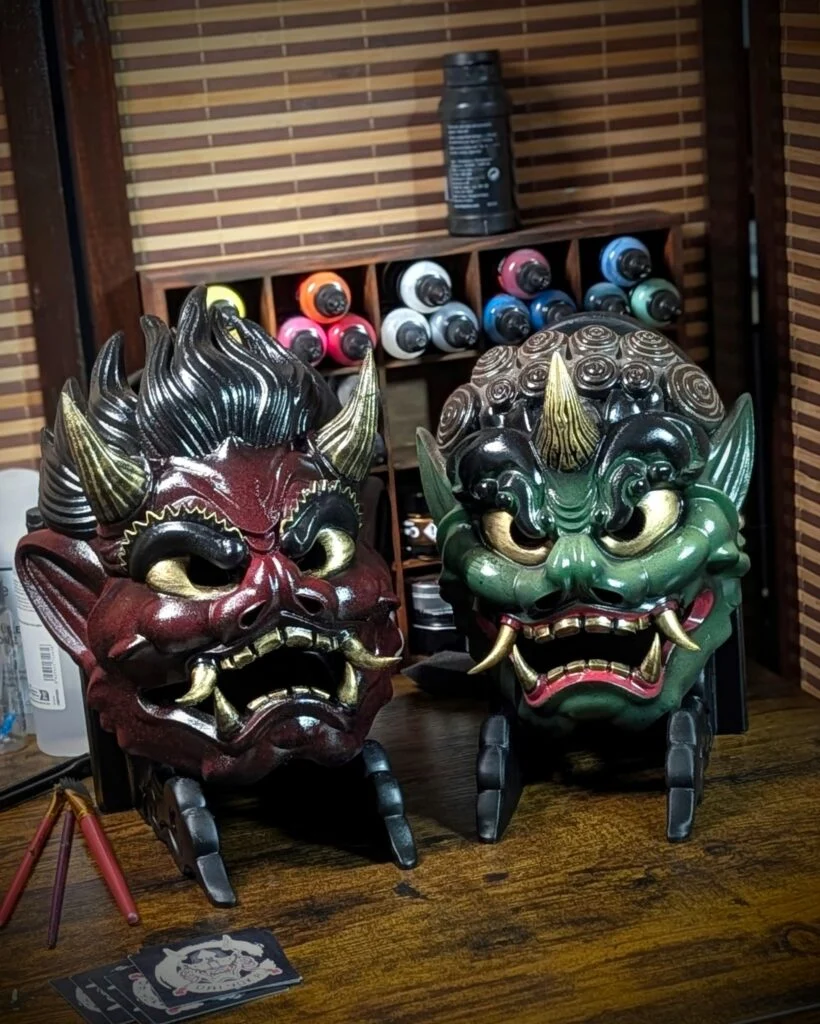 Duo of Oni Masks: Raijin & Fujin (Japanese Wall Decoration)